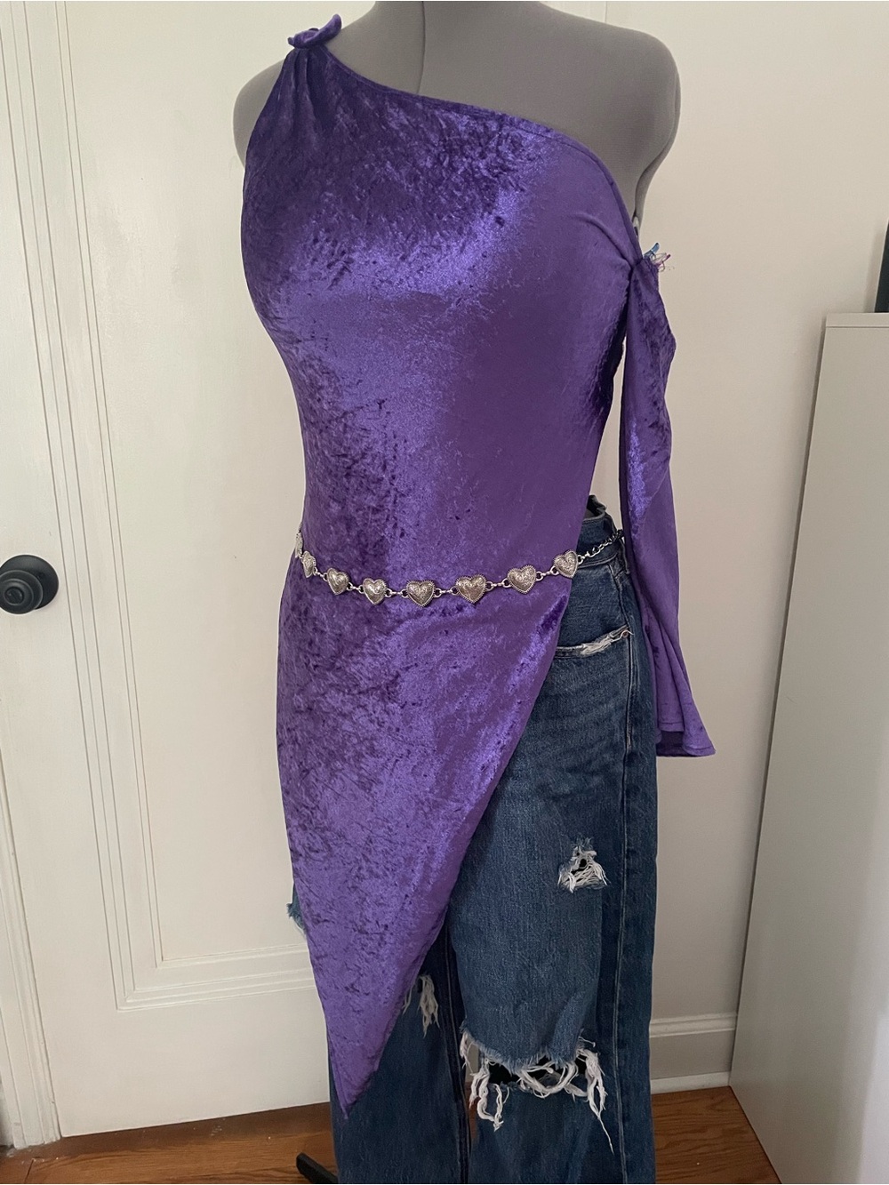 Purple One-Shoulder Asymmetrical Velour tied back Top